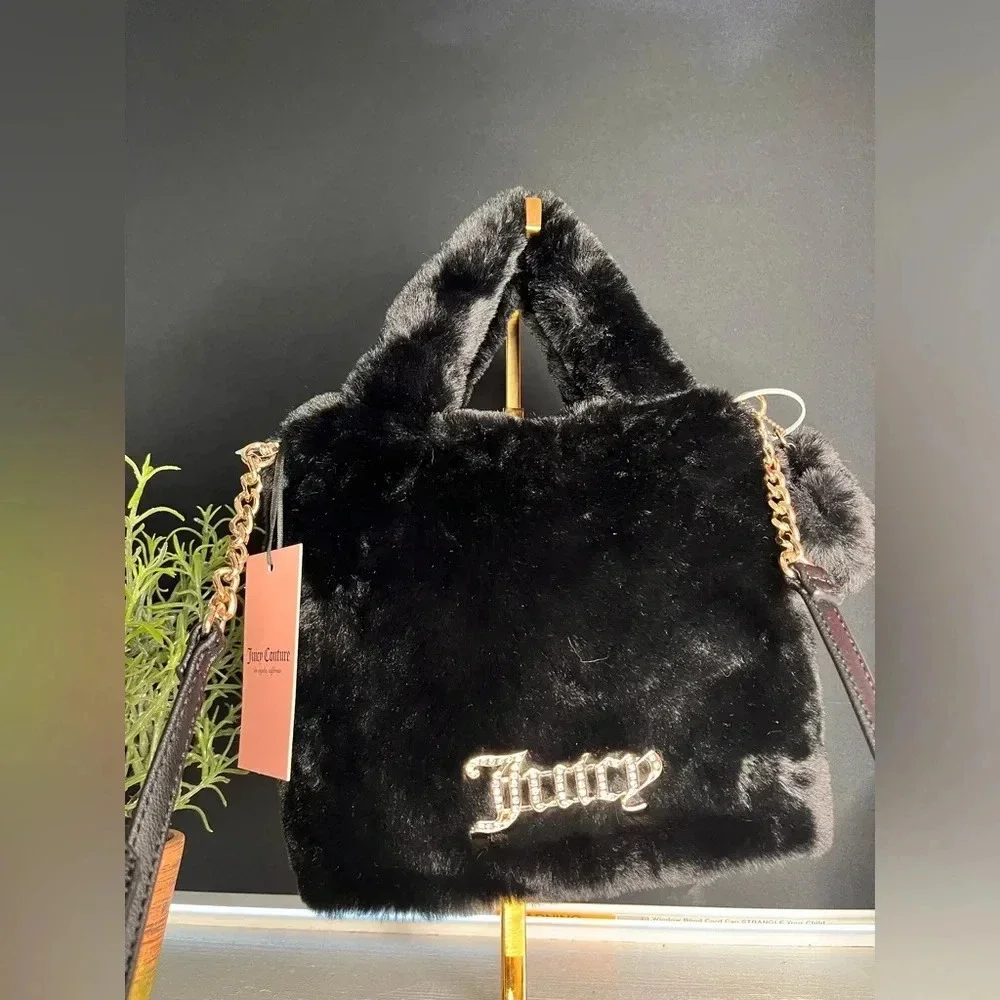 Juicy Couture Fluffy Mini Tote Crossbody Bag Black Faux Fur NWT